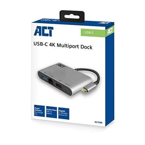 ACT USB-C 4K Multiport Dock med HDMI, USB-A, Ethernet och USB-C med PD Pass-Through, 0,15 m kabellängd, Al-hus