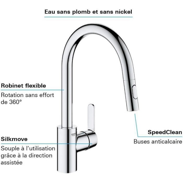 GROHE Get diskbänksblandare, utdragbar spray, U-formad pip, 2-jet-avledare, Supersteel, 31484001 Krom