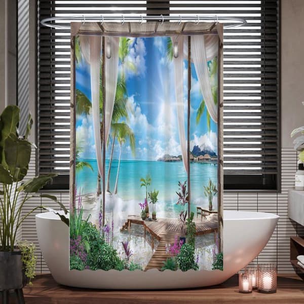 Ulticool Duschdraperi - Strand hav Natur Mönster - 120 x 200 cm - Maskintvättbart - Mögelresistent - 8 Ringar - Blå Vit Grön