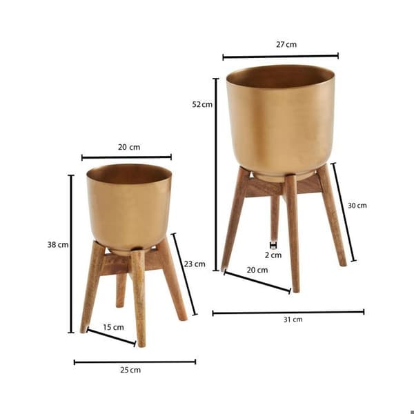 WOHNLING Cache-pot Set om 2 Metall Massivt Trä Guld med Ben