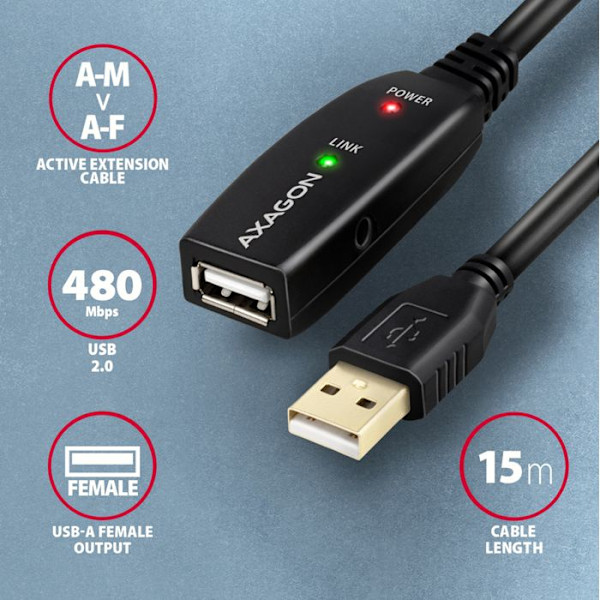 Axagon ADR-215 Aktiv USB 2.0 Förlängning AM > AF-kabel, 15 m lång. Strömförsörjning alternativ.