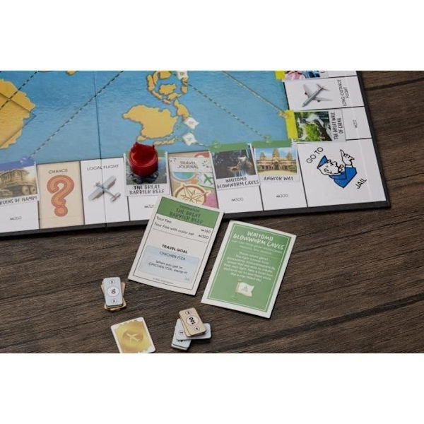 Monopolymatchen runt om i världen, sällskapsspel, från 8 år, med stämplande pjäser och en torrtavla. Flerfärgad