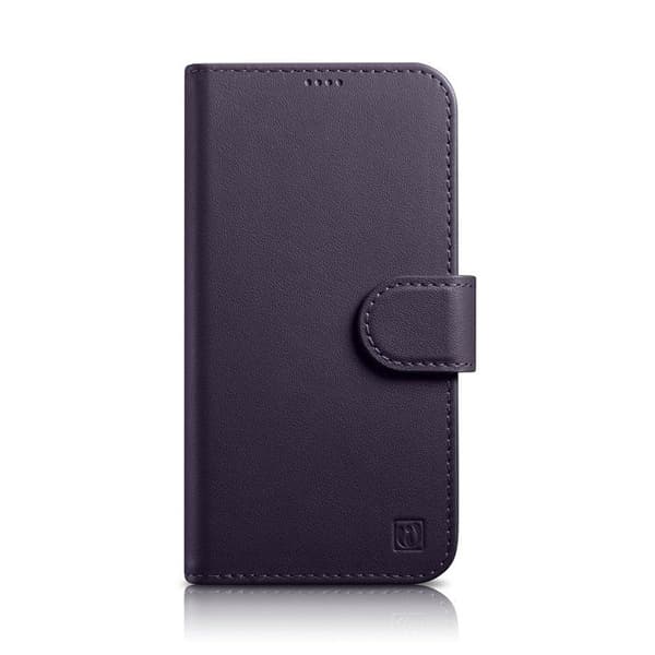 Mörklila 2-i-1 plånboksfodral i läder för iPhone 14 Plus, med RFID-skydd.