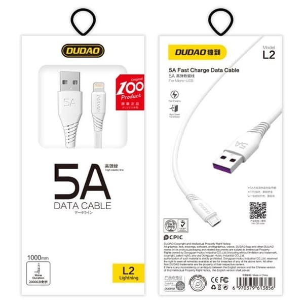 USB-Lightning-kabel - DUDAO - 5A 1m - Vit - Snabbladdning QC3.0 - Dataöverföring Vit