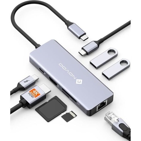 Hub USB C - NOVOO - 8 portar - HDMI 4K60Hz - Ethernet Gigabit - Ladda 100W PD