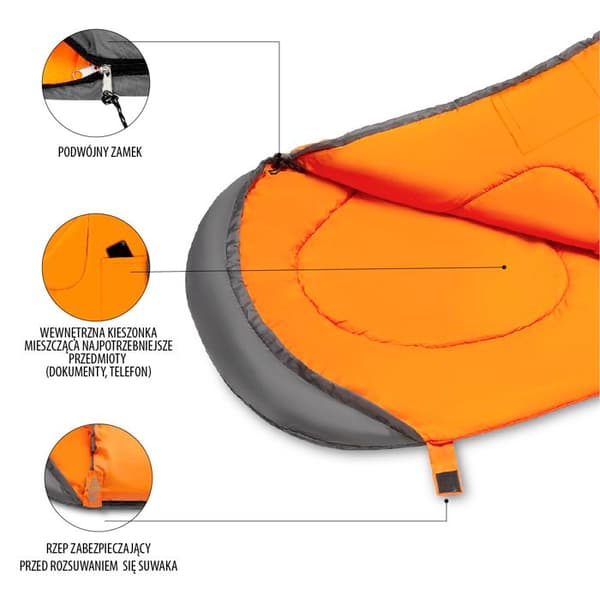 Sovsäck - NILS CAMP - NC2008 - Grå-Orange - Storlek L - 190T Polyester - Polyesterfiber 250G/m2 - 185+30x75 cm