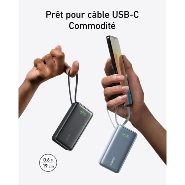 Anker extern batteri Nano 10 000 mAh med inbyggd USB-C-kabel isblå