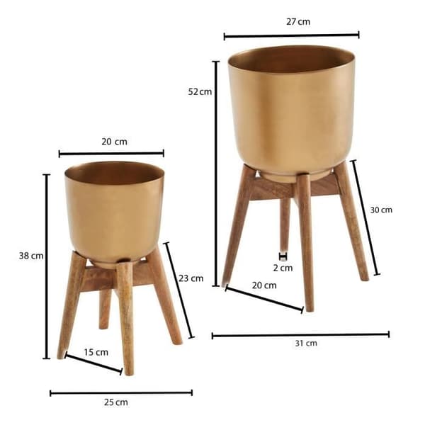 WOHNLING Cache-pot Set om 2 Metall Massivt Trä Guld med Ben