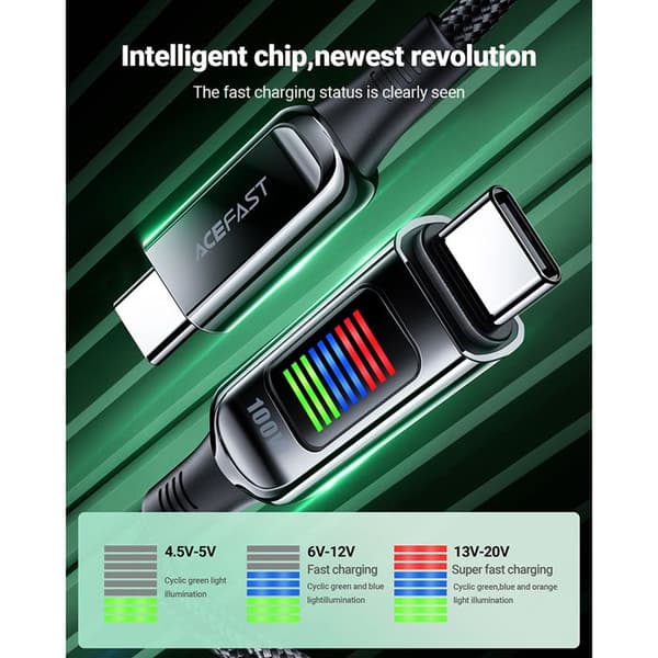 Datakabel - ACEFAST - C7-03 - USB-C ↔ USB-C - 100 W (5 A) - LED-skärm 1,2 m Svart