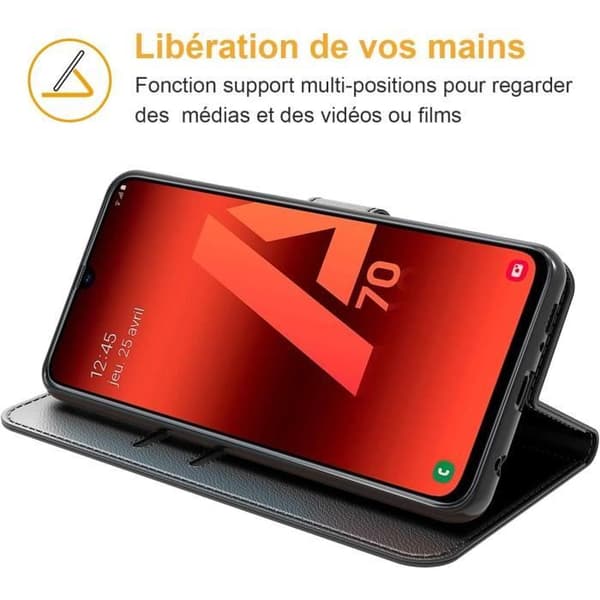 Etui Portefeuille - GENERIC - Samsung Galaxy A70 - Läder - Multifunktion - Videostöd Svart