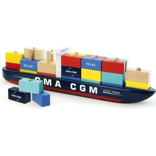 VILAC Jules Verne containerfartyg i trä - Naval leksak för barn i åldrarna 3 till 5 år