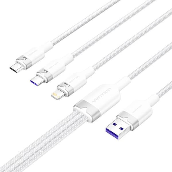 USB 3 1-i-1-kabel - VENTION - CTRWG - 1,5 m - Snabbladdning 6 A - USB-A, USB-C, Micro USB-kontakter Vit