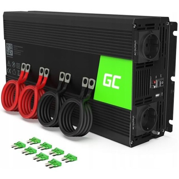 Växelriktare - Green Cell - 3000W/6000W - Ren sinus - DC 12V till AC 230V - Idealisk för camping Svart