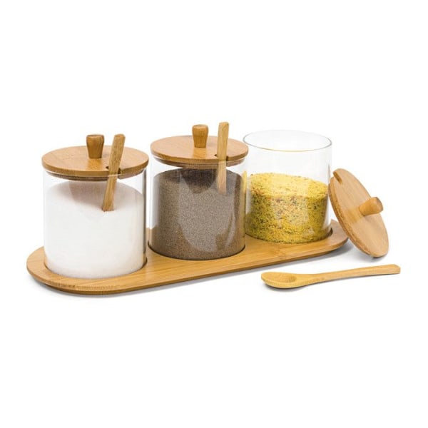 Relaxdays Pot pour épices JIAO med hållare och skedar, HLP: 12 x 31 x 12 cm, för kök och matplats, natur brun klar, genomskinlig