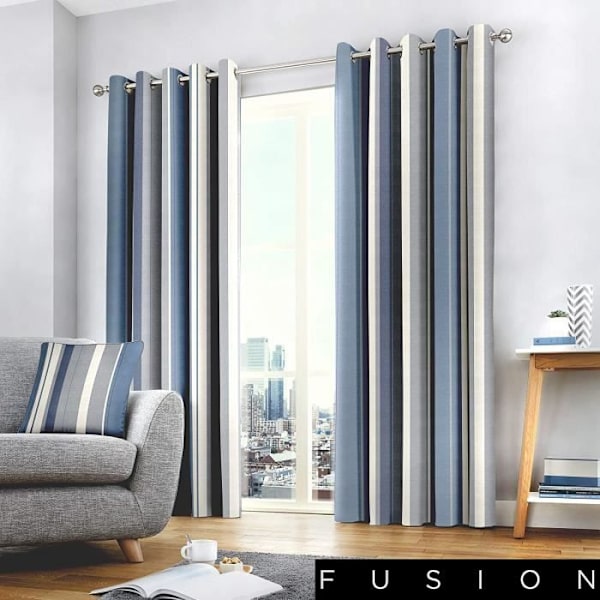 Fusion - Whitworth Stripe - 100 % bomull Par ögla gardiner - 168 cm Bredd X 229 cm Teardrop (168 x 228 cm) i blått
