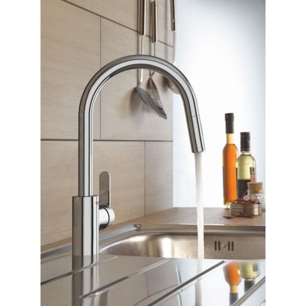 GROHE Get diskbänksblandare, utdragbar spray, U-formad pip, 2-jet-avledare, Supersteel, 31484001 Krom