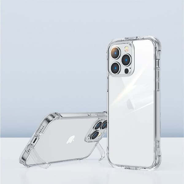 Transparent skyddsfodral för iPhone 14 Plus, med krokar och stöd.