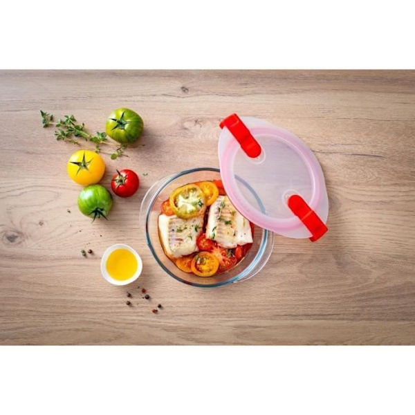 PYREX Runt fat 14 cm + Cook & Heat lock Röd
