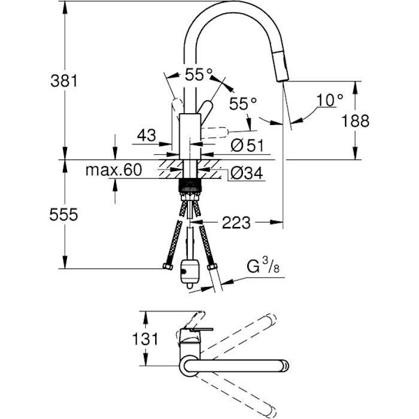 GROHE Get diskbänksblandare, utdragbar spray, U-formad pip, 2-jet-avledare, Supersteel, 31484001 Krom
