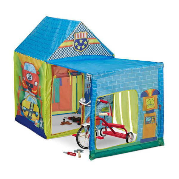 Relaxdays Tält för barn i form av garage, H x L x P: 109 x 146 x 75 cm, inomhus och utomhus, flerfärgad blå, grön, gul
