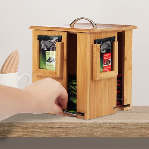 Relaxdays Te-box i bambu med 4 fack roterande display för 160 tepåsar HxlxB 20,5 x 18 x 18 cm, naturlig ljusbrun, silverfärgad