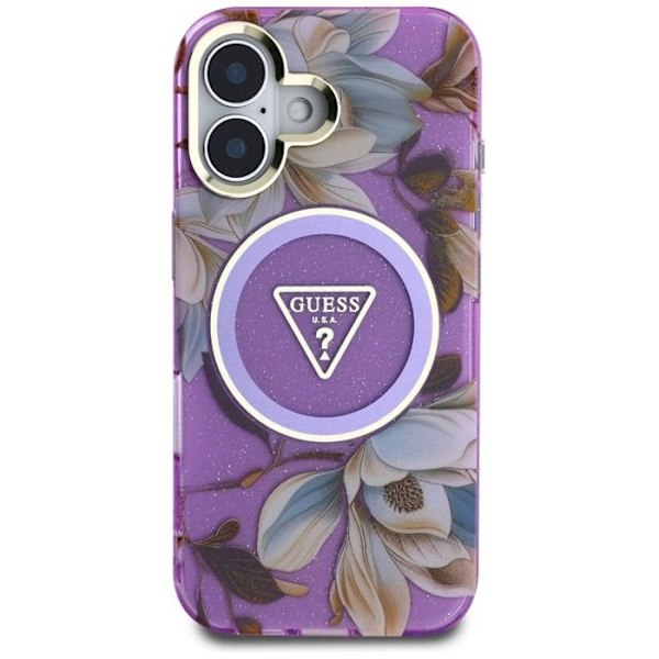 Coque Guess Glitter Flowers Triangle Buttons MagSafe för iPhone 16 (lila) lila