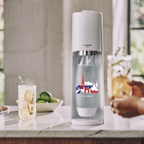 SODASTREAM Terra - White Sparkling Water Machine + 1 1L Fuse French Edition-flaska + 1 60L Clip-on Gas Refill Svart