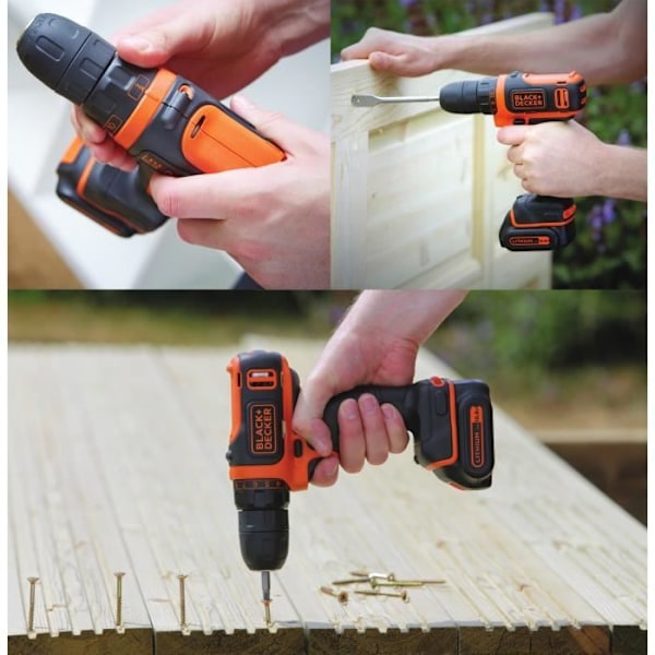 BLACK & DECKER 10,8V sladdlös borrmaskin/skruvdragare, 2 batterier, 100 tillbehör och metallväska Orange