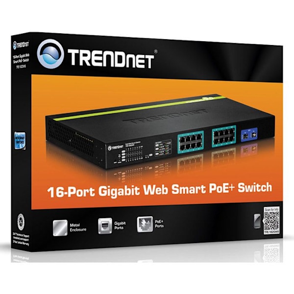 Ethernet-switch - TRENDNET - TPE-1620WS - 16 portar - PoE+ - 1U Rackmonterbar Svart