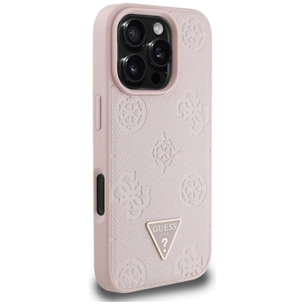 Coque Guess Grained Hot Stamp Peony Triangle Logo MagSafe för iPhone 16 Pro (rosa)