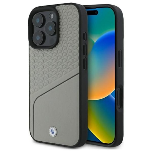 Coque för iPhone 16 Pro Max - BMW Signature Lädertextur och Line MagSafe (BMHMP16X23RDCLG) - Grå grå