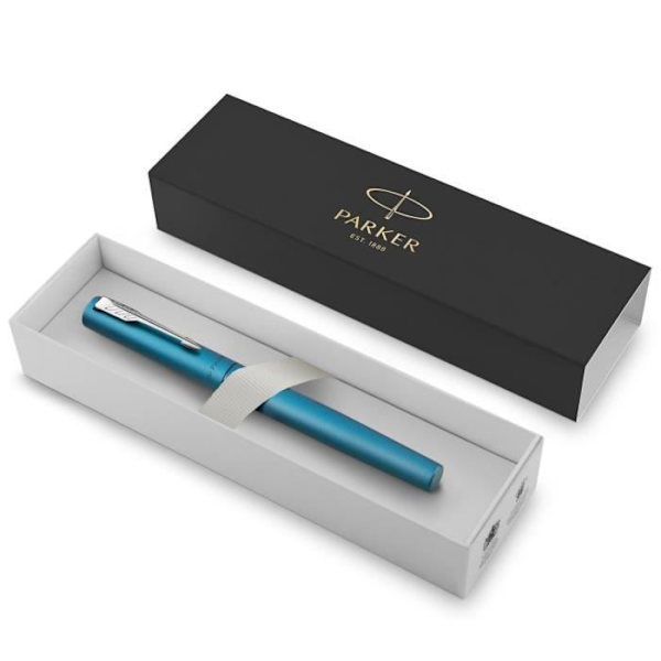 PARKER VECTOR XL reservoarpenna, metallic turkos lack på mässing, medium spets, blå bläck refill, presentförpackning Turkos