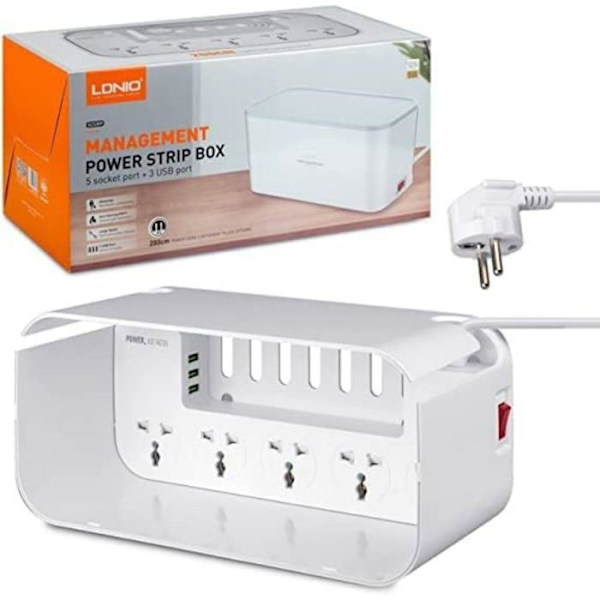 Anslutningspaket - Ldnio strömförsörjning - SE5334 - Power Strip med 5 AC-uttag, 3X USB, , 2m (Vit)