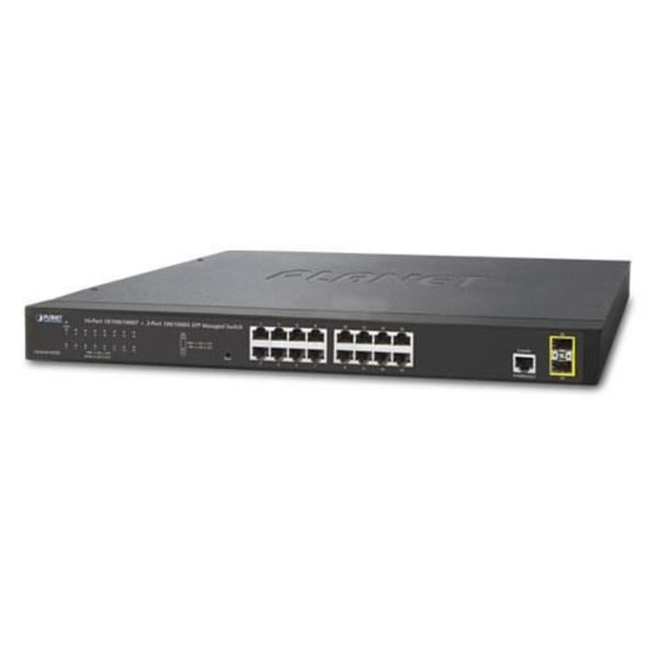 Planet GS-4210-16T2S, Managed Network Switch, L2, Gigabit Ethernet (10-100-1000), Full Duplex, Rackmount, 1U Blå