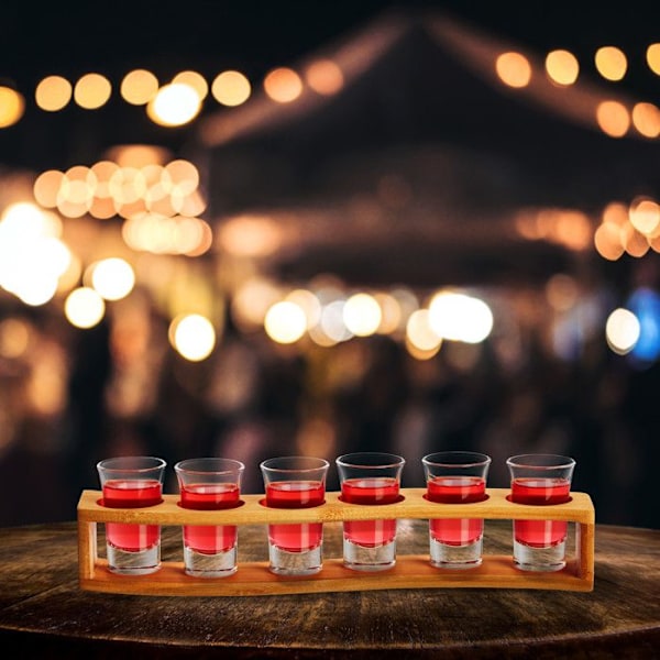 Relaxdays Shotbricka, set med 6 glas, 4 cl, böjd stöd, presentidé, bambu, natur brun klar, genomskinlig