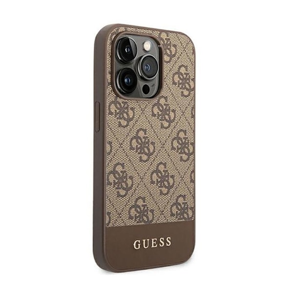 iPhone 14 Pro-fodral - Guess - 4G Bottom Stripe - Biologiskt läder - Brun - Semi-rigid kastanj