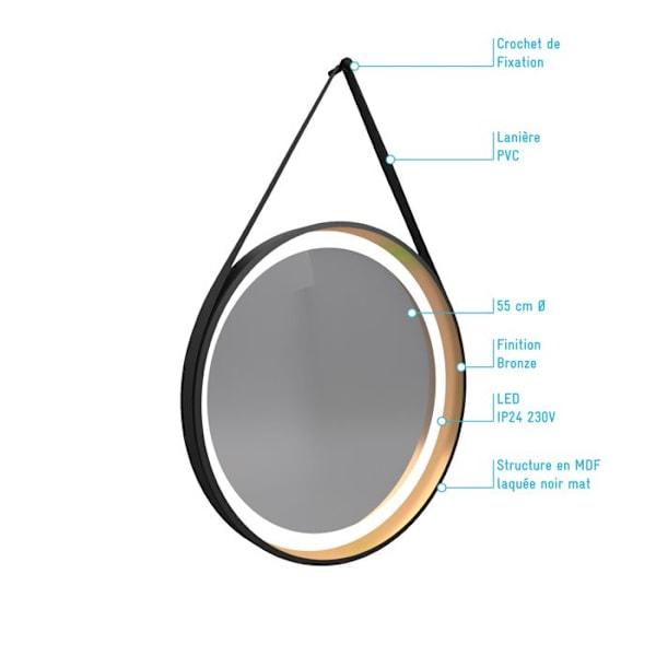 Rund badrumsspegel - diameter 55 cm - mattsvart och bronsfinish - CIRCLE HORUS LED