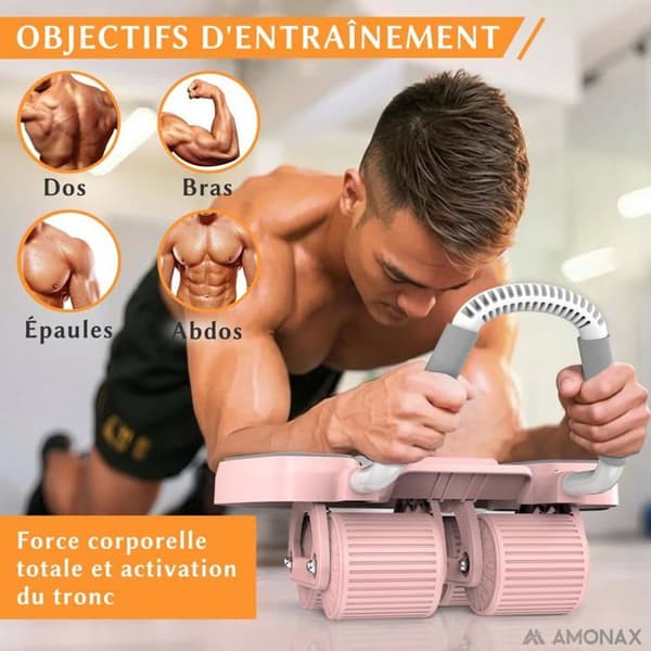 Abdominalhjul (Ab Roller) - AMONAX - Konvertibel - 2 stabilitetsinställningar - Bärbar och lätt - Rosa Pro Rose Pro