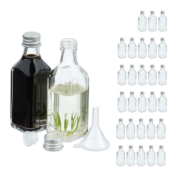 Relaxdays Mini glasflaskor, set om 30, små flaskor att fylla, 50 ml, skruvkork, transparent/silver transparent, silver