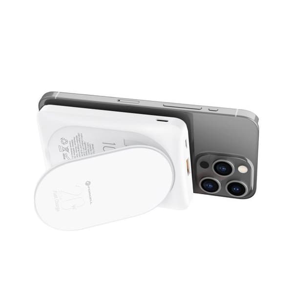FORCELL Externbatteri 10 000 mAh MagSafe & PixelSnap med vikbar stöd, Laddning 20W + USB-C/USB-A Vit