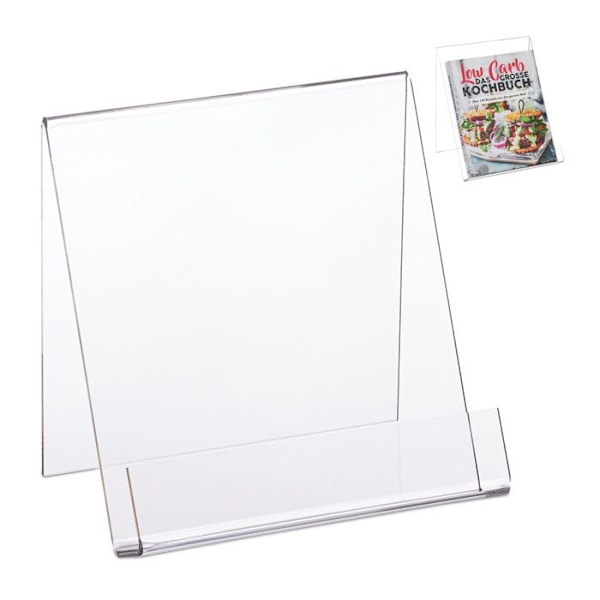 Relaxdays bokställ, A5 akryldisplay, robust, stora böcker, HxBxD: 15 x 15 x 11,5 cm, Transparent transparent