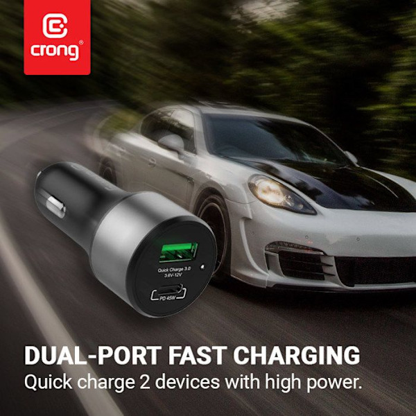 USB-bil laddare Crong Power 63WC PD 45W + USB QC 3.0 18W (svart)