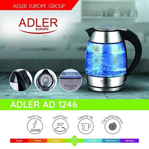 Adler AD 1246 - SWITCH KVM - vattenkokare, 2200 W, 1,8 liter, Schwarz/Silber/Transparent