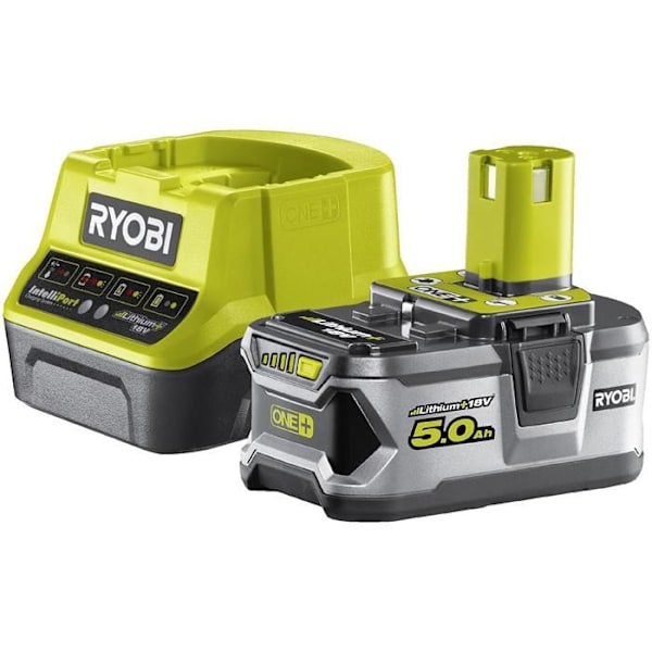 RYOBI 18V One+ 5,0Ah LithiumPlus batteripaket - 1 snabbladdare 2,0Ah RC18120-150 Grönt och kol