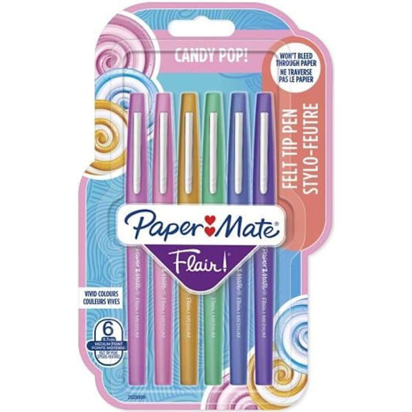 PAPPER MATE Uppsättning av 6 Flair Candy Pop filtpennor - Medium punkt - Sortiment av färger Flerfärgad