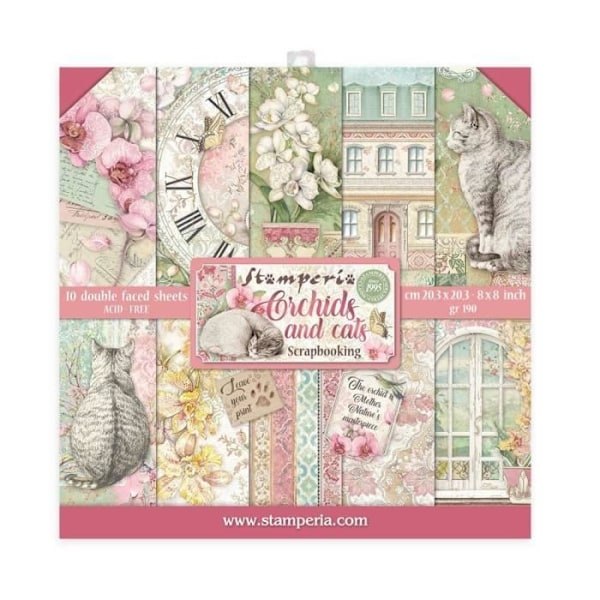 Set med 10 ark scrapbookingpapper 'Orchids and Cats' från Stamperia (20,3x20,3 cm)