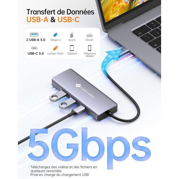 Hub USB C - NOVOO - 8 portar - HDMI 4K60Hz - Ethernet Gigabit - Ladda 100W PD