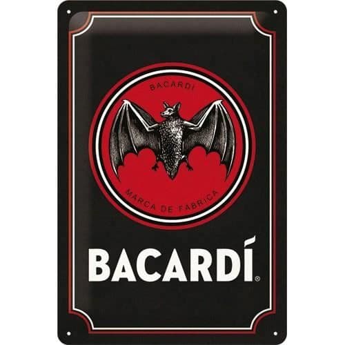 Metallskylt - BACARDI - Bacardi-logotyp - Rektangulär 20x30 cm - Bågformad (emaljeffekt) - Hål i 4 hörn