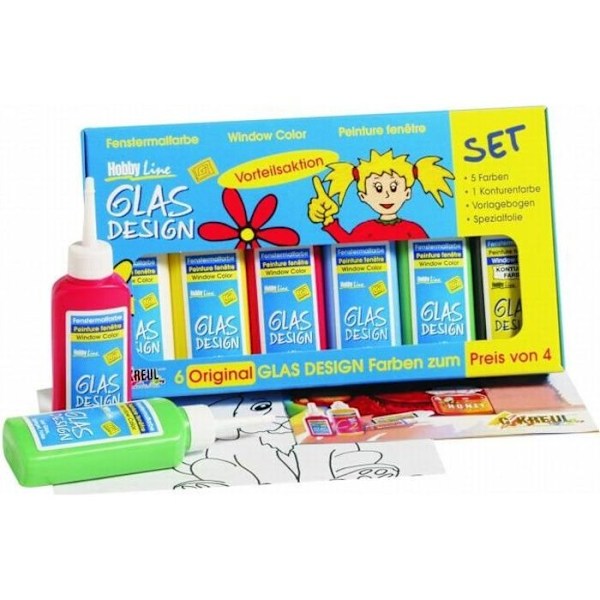 Transparent Målarfärg - KREUL - Glasdesign - 80 ml - 6 Färger - Idealisk för Barn vit snö, gul sol, röd körsbär, blå 