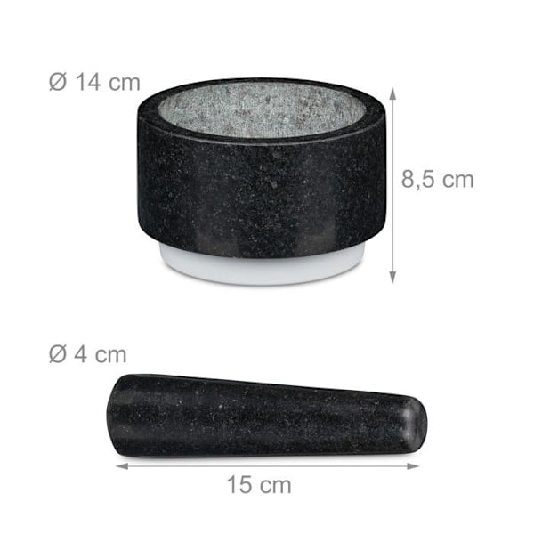 Relaxdays Mortel i granit med stöt, robust, kryddor, örter, halkfri, polerad sten, d. 14 cm, 400ml, grå/vit svart vit